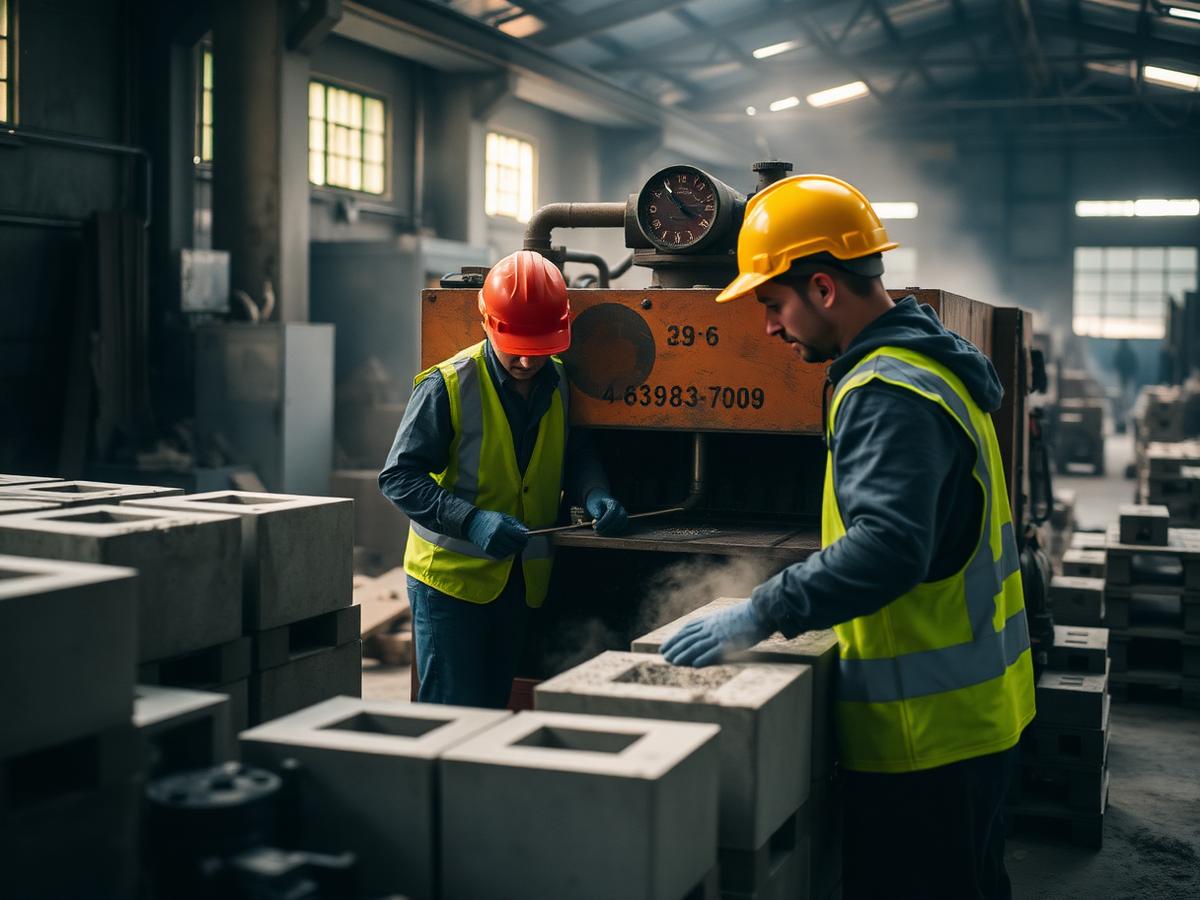 K.Gyimah workers operating a concrete block making machine